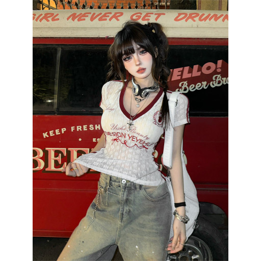 美辣學姐 %美式V領微透蕾絲刺繡T恤女夏季短袖顯瘦上衣