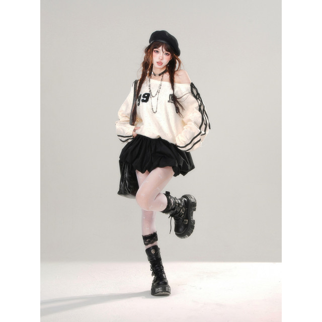 梨花先雪 美式斜肩收腰連衣裙秋冬寬松拼接衛衣裙短裙