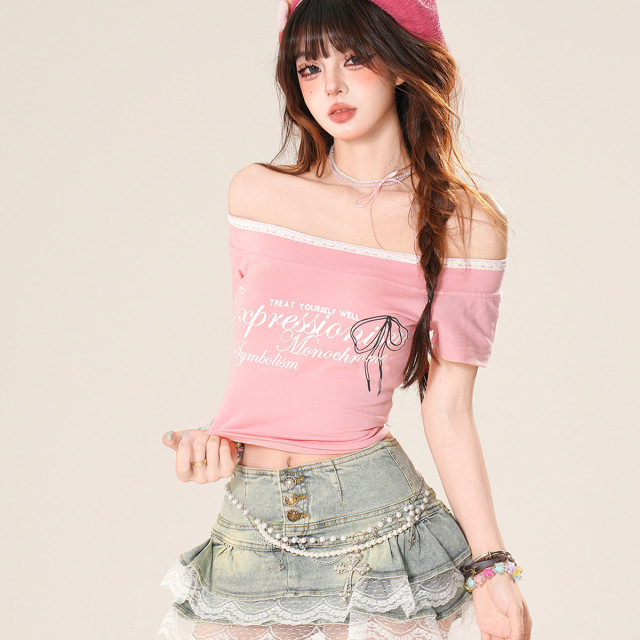 東京氛圍 一字肩辣妹蕾絲短袖T恤女夏修身顯瘦短款上衣