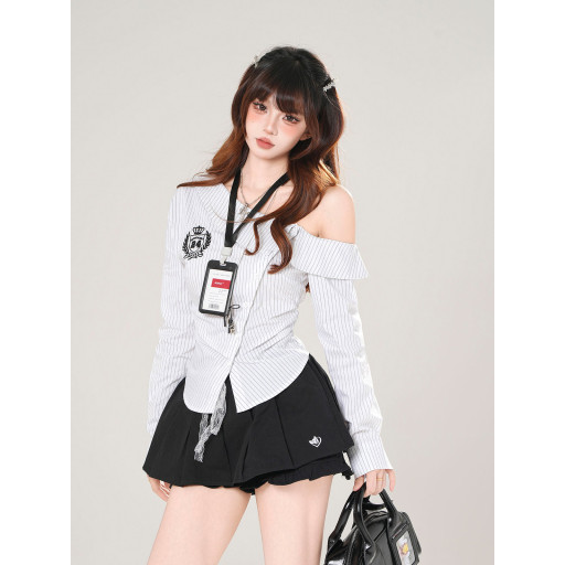  Miu系學姐 美式長袖斜肩條紋襯衫女秋季收腰顯瘦上衣