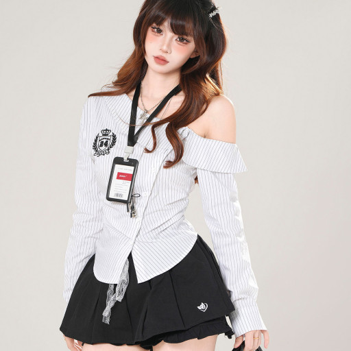  Miu系學姐 美式長袖斜肩條紋襯衫女秋季收腰顯瘦上衣