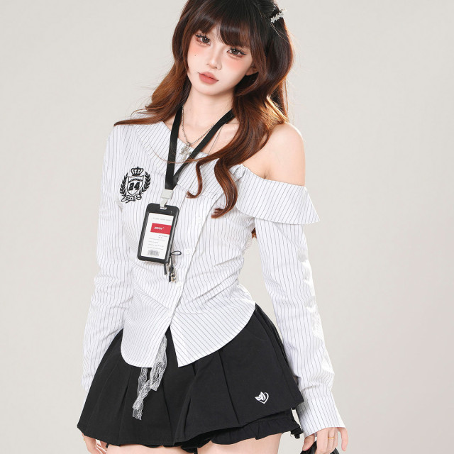  Miu系學姐 美式長袖斜肩條紋襯衫女秋季收腰顯瘦上衣