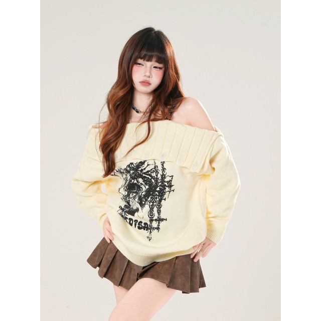 漫秋繪畫者 一字肩韓系蕾絲毛衣女秋寬松顯瘦針織上衣