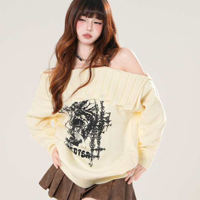 漫秋繪畫者 一字肩韓系蕾絲毛衣女秋寬松顯瘦針織上衣