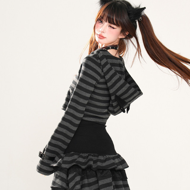 潮酷辣妹 美式復古條紋套裝女夏長袖連帽上衣蕾絲短裙