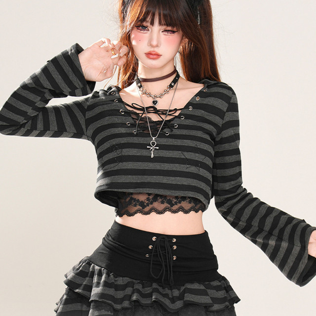 潮酷辣妹 美式復古條紋套裝女夏長袖連帽上衣蕾絲短裙