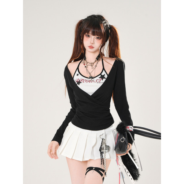 羅曼史詩集 假兩件美式長袖掛脖T恤女秋季顯瘦辣妹上衣