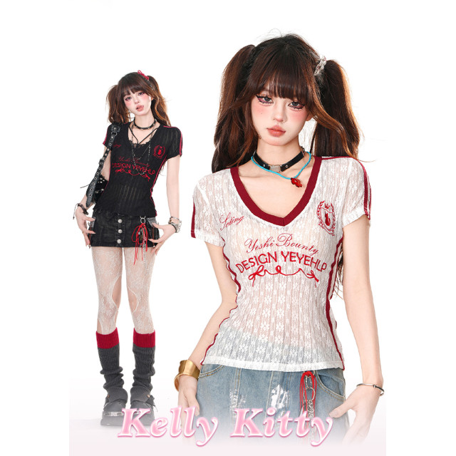 美辣學姐 %美式V領微透蕾絲刺繡T恤女夏季短袖顯瘦上衣