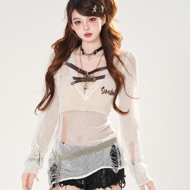 純欲密碼 絕美薄款網紗鏤空防曬罩衫女夏收腰顯瘦上衣