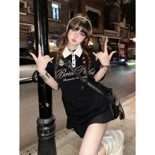 藤校優等生  美式短袖運動T恤女夏季寬松顯瘦黑色上衣