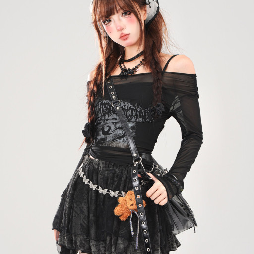 叛逆戀人 黑色冰絲輕薄罩衫女夏一字肩上衣防曬兩件套