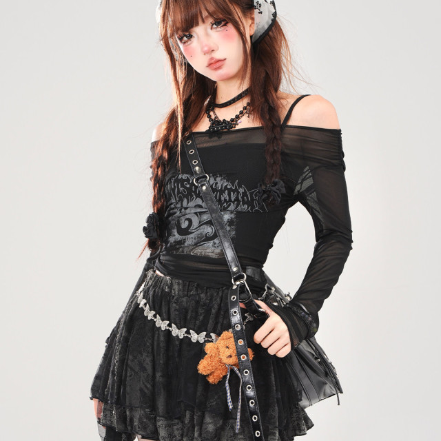 叛逆戀人 黑色冰絲輕薄罩衫女夏一字肩上衣防曬兩件套