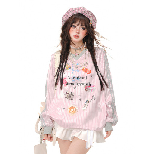 童心甜美可愛衛衣女秋冬寬松加絨慵懶撞色格子上衣