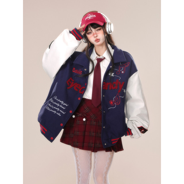 黑莓奶霜美式刺繡棒球服外套女秋冬寬松韓系夾克上衣