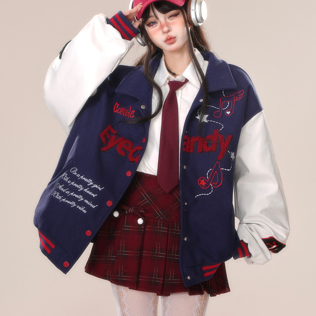 黑莓奶霜美式刺繡棒球服外套女秋冬寬松韓系夾克上衣