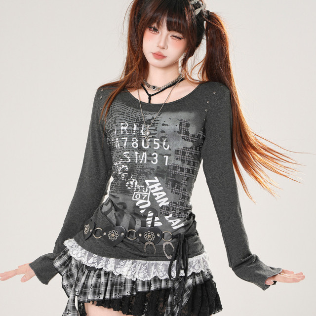 千禧辣妹 正肩美式長袖蕾絲T恤女秋季收腰顯瘦灰色上衣