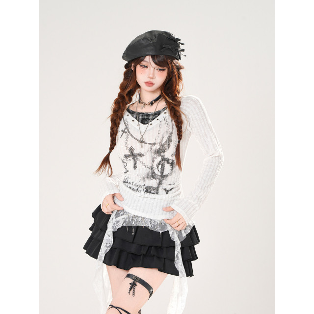 十字永恒 假兩件長袖薄款辣妹針織T恤女秋收腰顯瘦上衣