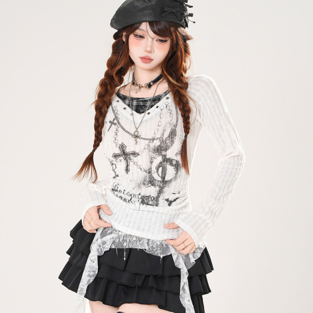 十字永恒 假兩件長袖薄款辣妹針織T恤女秋收腰顯瘦上衣