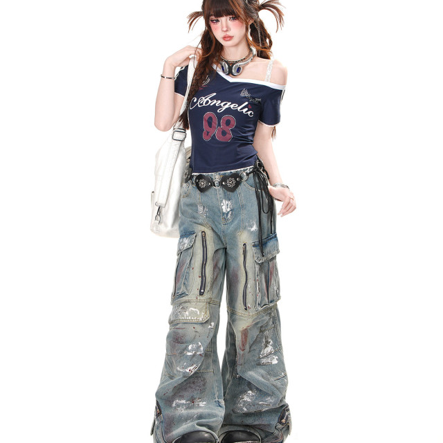 美高附校 美式辣妹短袖T恤女夏季修身顯瘦斜肩短款上衣