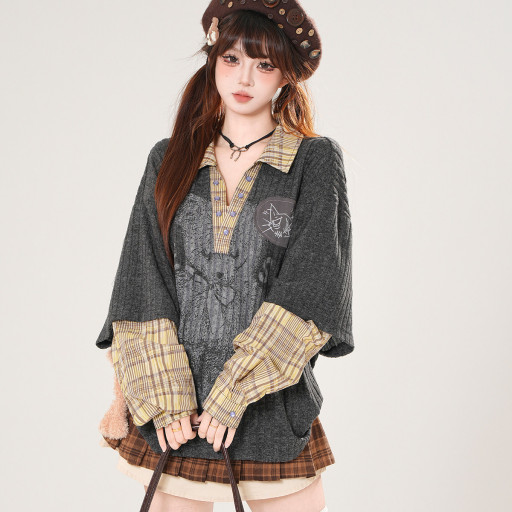 柏林島嶼美式學院風針織T恤秋季寬松顯瘦設計感上衣