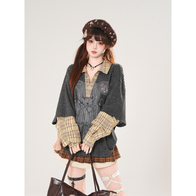 柏林島嶼美式學院風針織T恤秋季寬松顯瘦設計感上衣