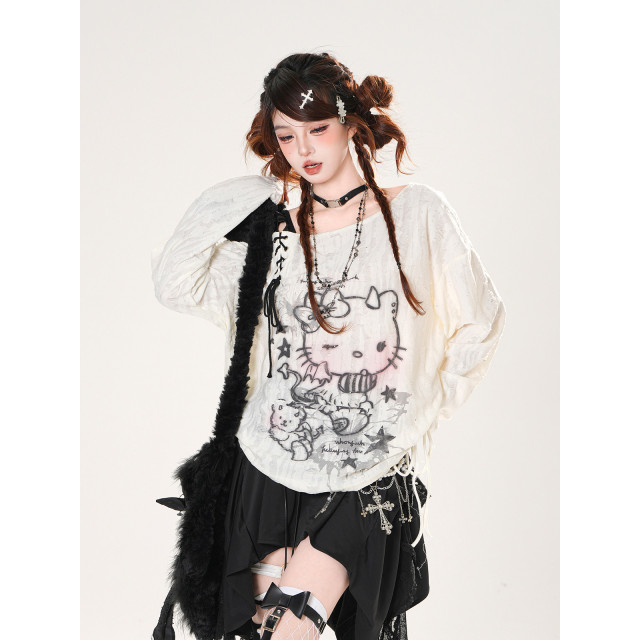  Kitty收藏傢 韓系斜肩抽繩防曬罩衫女夏寬松顯瘦上衣