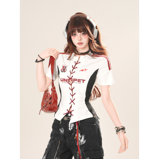 反叛基因  正肩美式辣妹短袖T恤女夏收腰顯瘦短款上衣