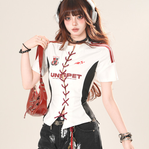 反叛基因  正肩美式辣妹短袖T恤女夏收腰顯瘦短款上衣