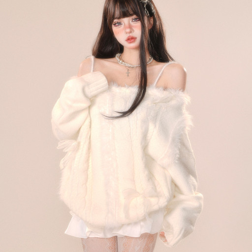 雪絨白茶 %一字肩奶fufu慵懶毛衣秋冬寬松露肩針織上衣