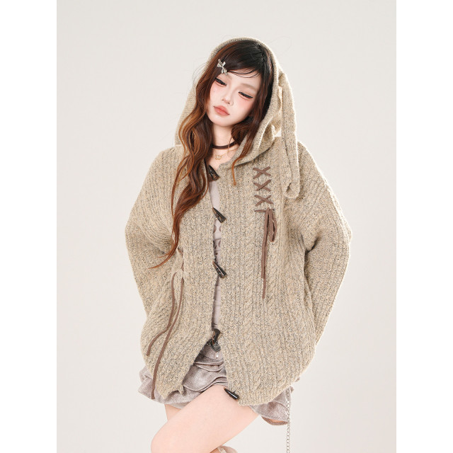 流浪小兔 韓系慵懶風連帽針織毛衣女秋季寬松顯瘦上衣