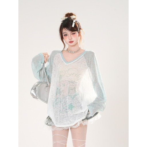 薄荷青提 薄荷綠V領薄款防曬罩衫女夏寬松顯瘦絕美上衣