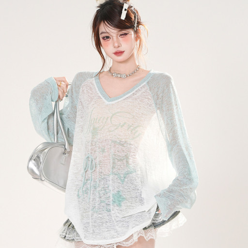 薄荷青提 薄荷綠V領薄款防曬罩衫女夏寬松顯瘦絕美上衣