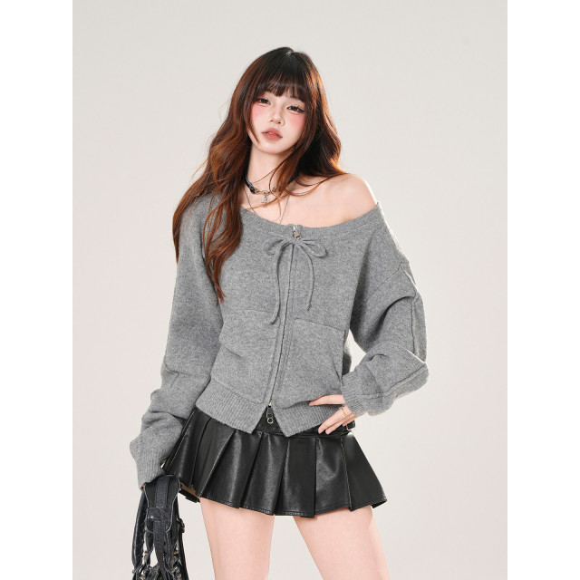 佩裡斯香肩 韓系露肩針織開衫毛衣外套女秋冬寬松上衣