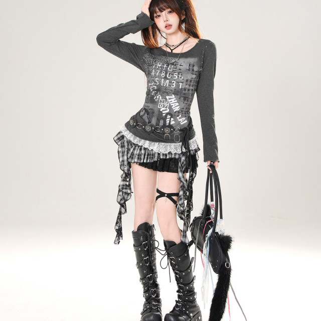 千禧辣妹 正肩美式長袖蕾絲T恤女秋季收腰顯瘦灰色上衣