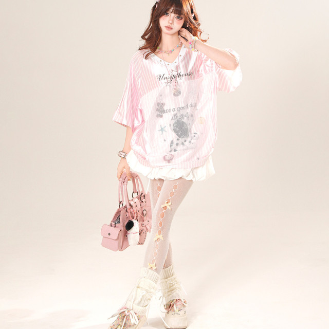 報社奈奈 美式V領條紋正肩短袖T恤女夏季寬松顯瘦上衣