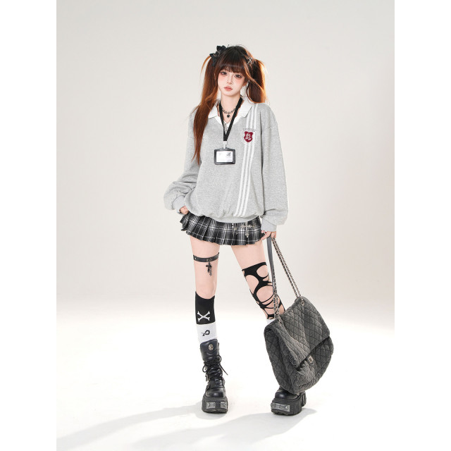 韓女范本 美式學院風衛衣女秋寬松顯瘦polo領運動上衣