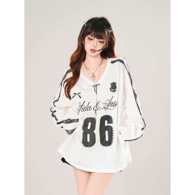 藤井小野 美式潮牌V領蕾絲衛衣女秋季寬松顯瘦運動上衣