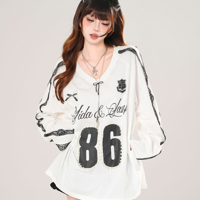 藤井小野 美式潮牌V領蕾絲衛衣女秋季寬松顯瘦運動上衣