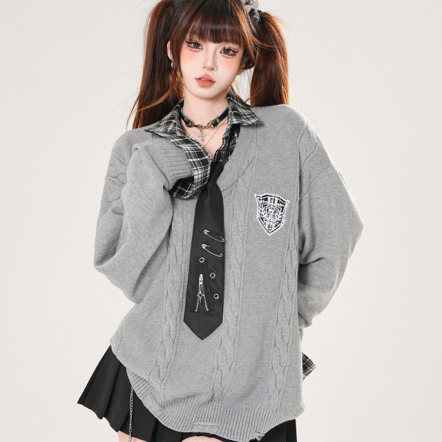 普卡裡島假兩件美式學院風針織毛衣女秋寬松顯瘦上衣