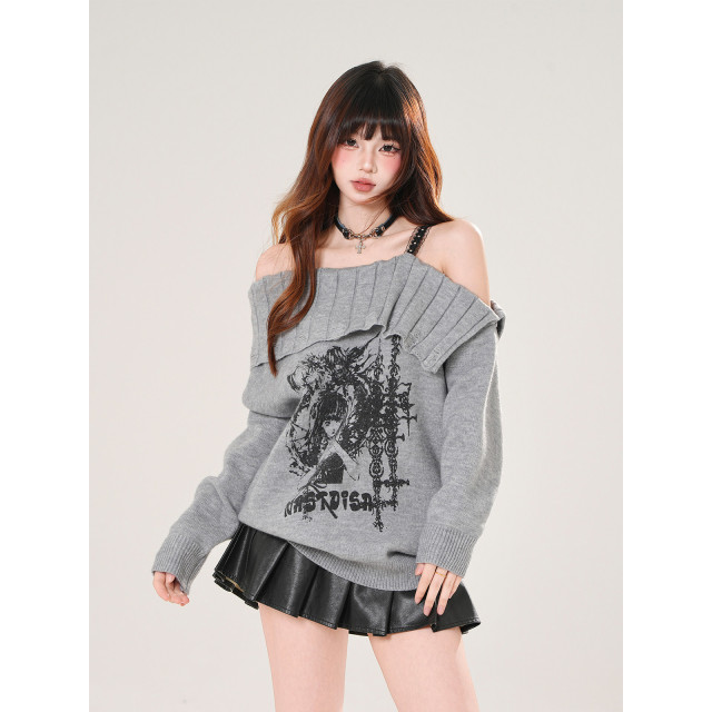 漫秋繪畫者 一字肩韓系蕾絲毛衣女秋寬松顯瘦針織上衣