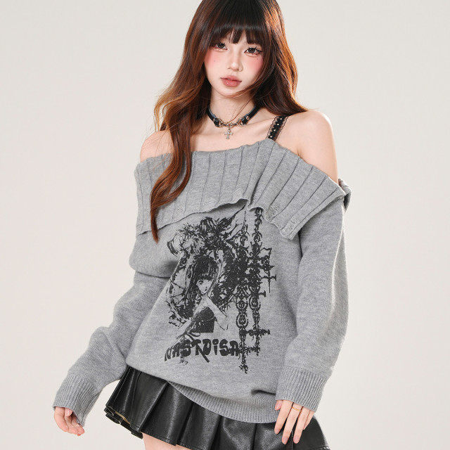 漫秋繪畫者 一字肩韓系蕾絲毛衣女秋寬松顯瘦針織上衣