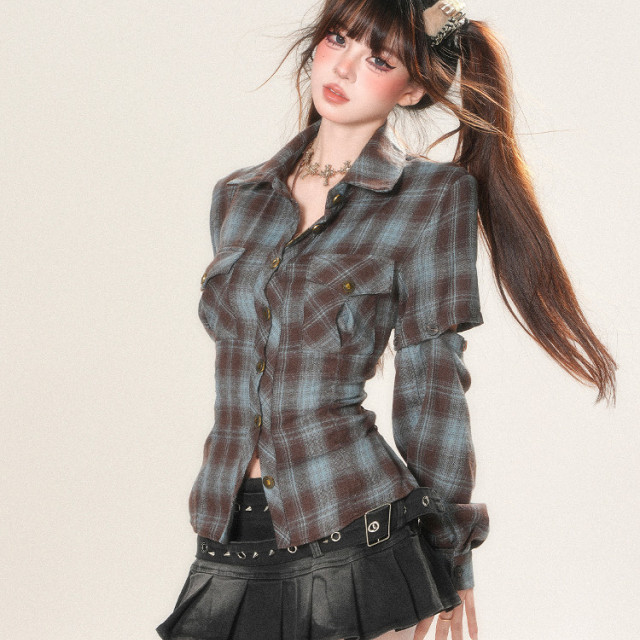 巴黎畫冊 法式復古格子襯衫女夏長袖顯瘦正肩收腰上衣