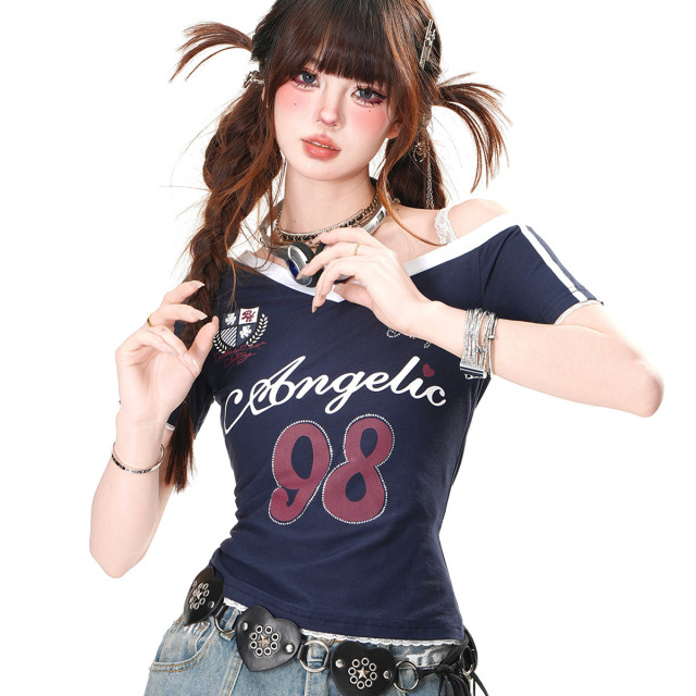 美高附校 美式辣妹短袖T恤女夏季修身顯瘦斜肩短款上衣