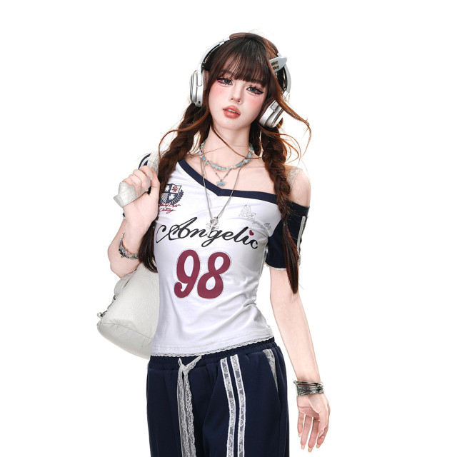 美高附校 美式辣妹短袖T恤女夏季修身顯瘦斜肩短款上衣