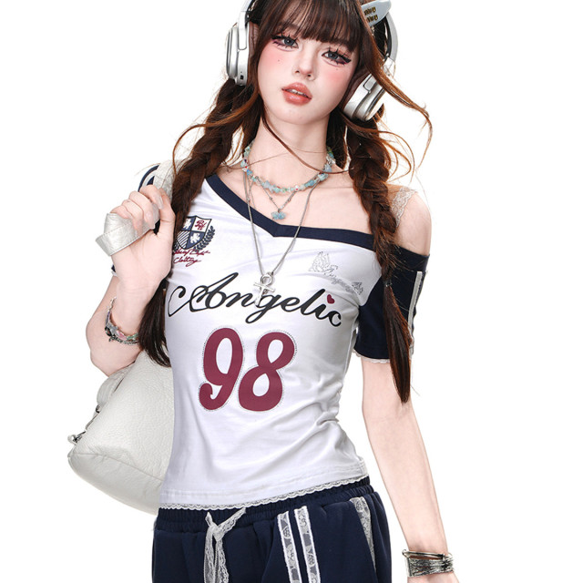 美高附校 美式辣妹短袖T恤女夏季修身顯瘦斜肩短款上衣