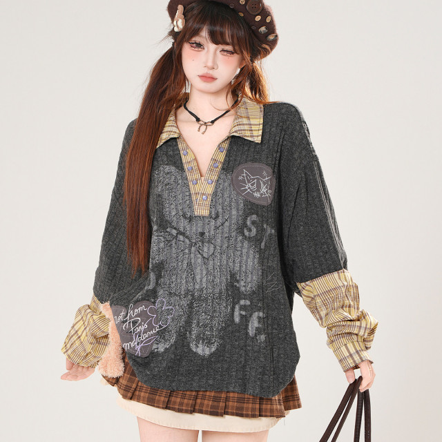 柏林島嶼美式學院風針織T恤秋季寬松顯瘦設計感上衣