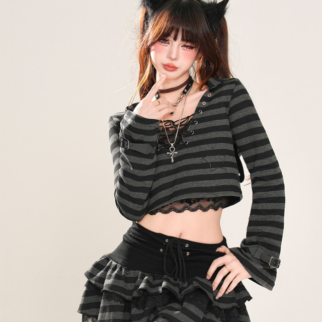 潮酷辣妹 美式復古條紋套裝女夏長袖連帽上衣蕾絲短裙