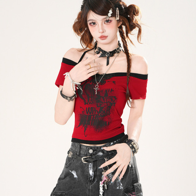 熱浪霓虹 美式短袖蕾絲掛脖T恤女夏季辣妹顯瘦短款上衣