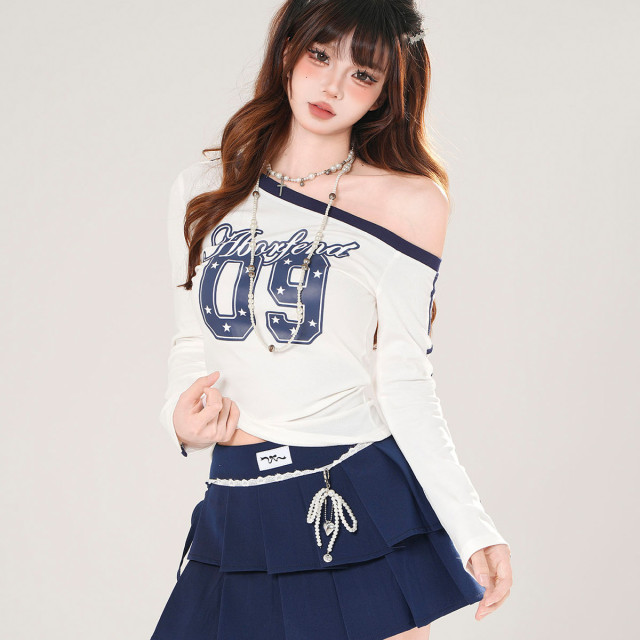 巴斯期刊 美式長袖斜肩辣妹T恤女秋季收腰顯瘦白色上衣