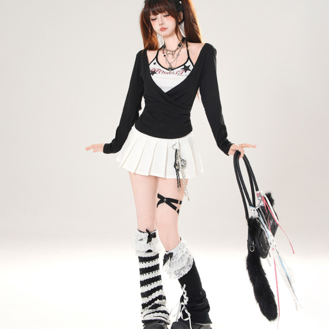 羅曼史詩集 假兩件美式長袖掛脖T恤女秋季顯瘦辣妹上衣